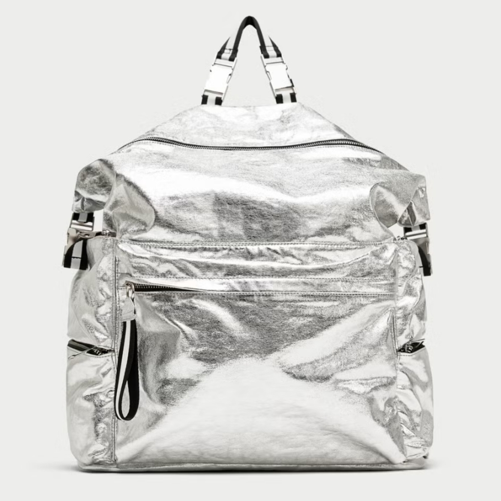 ZARA Limited Edition Soft backpack with pockets/Duffle bag SILVER & Black. LARGE